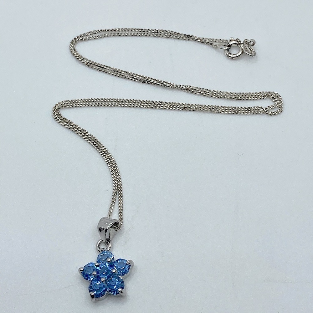 STERLING Silver & Blue Cz Stone Flower Pendant & Chain 16” & .8”
